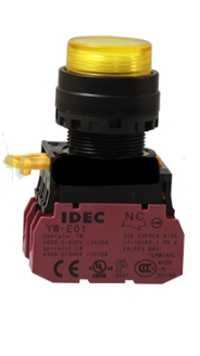 Nút nhấn Idec nhả lồi có đèn, Ø22, 24V AC/DC, , 1NC-1NO, nhấn giữ, màu vàng, YW1L-A2E11Q4Y